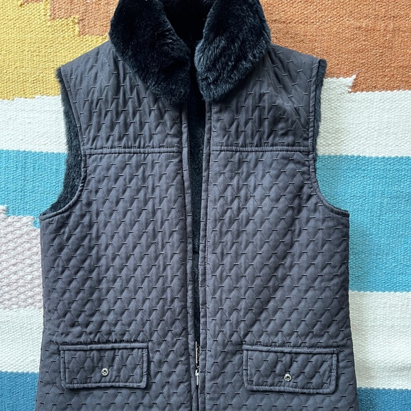 EUC Black Reversible Rabbit Fur Collared Vest Small - Picture 1 of 8